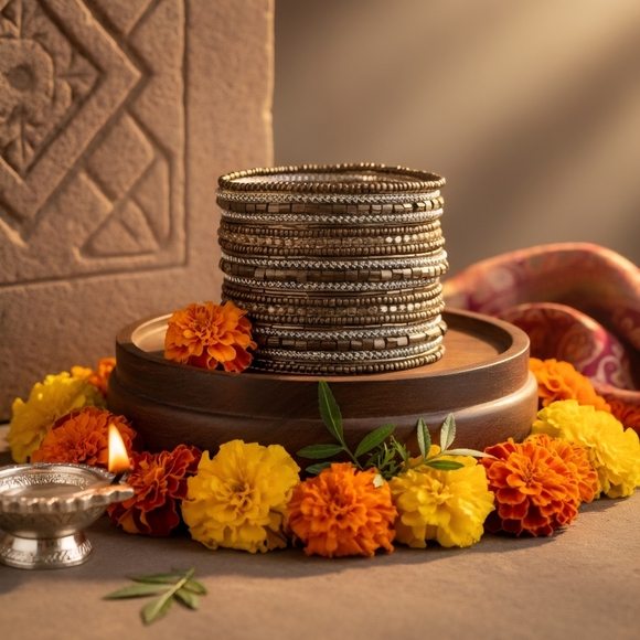 Indian Artisanal Beaded Golden Stacked Bracelet Handmade Boho Chic Jewelry - Picture 5 of 14